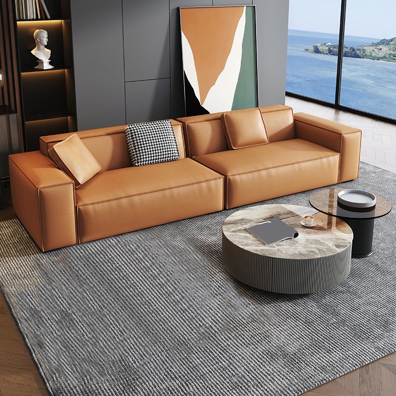 Contemporary Square Arm Sectional Orange Faux Leather Sectional