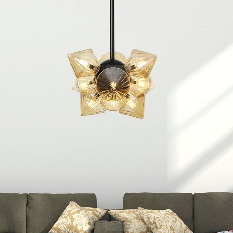 Diamond Chandelier Lamp Contemporary Amber Glass 9/12 Bulbs Living Room Hanging Pentant Light