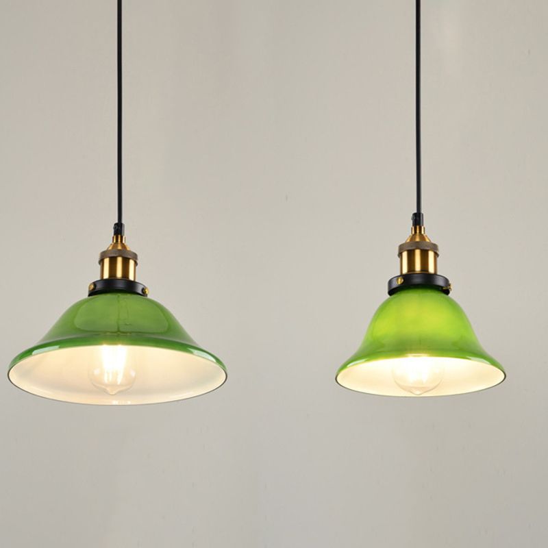 Green 1-Light  Pendant Ceiling Light Retro Glass Shade Cone Pendant Light Fixture for Living Room