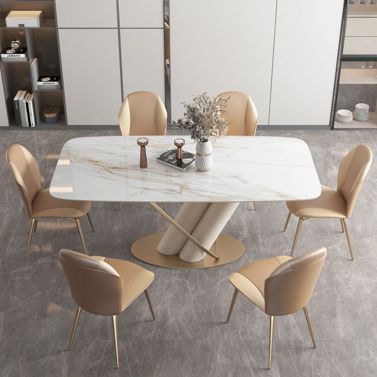 Moderne gesinterde stenen witte eetterset met rechthoekige tafel en metalen basis Home Gebruik eetset