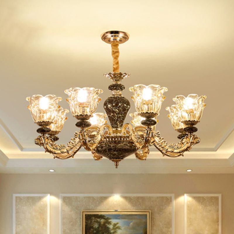 Clear Glass Flower Up Chandelier Traditional Bedroom Hanging Light Fixture in Coffee