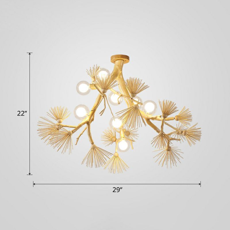 Wood Tree Branch Ceiling Light Japanese Style 8-Bulb Metal Semi Flush Mount Light for Dining Room