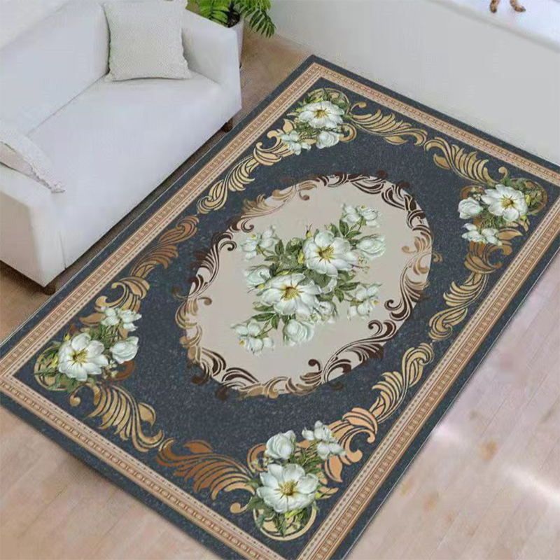 Blue Contemporary Rug Polyester Medallion Indoor Carpet Non-Split Area Rug for Living Room