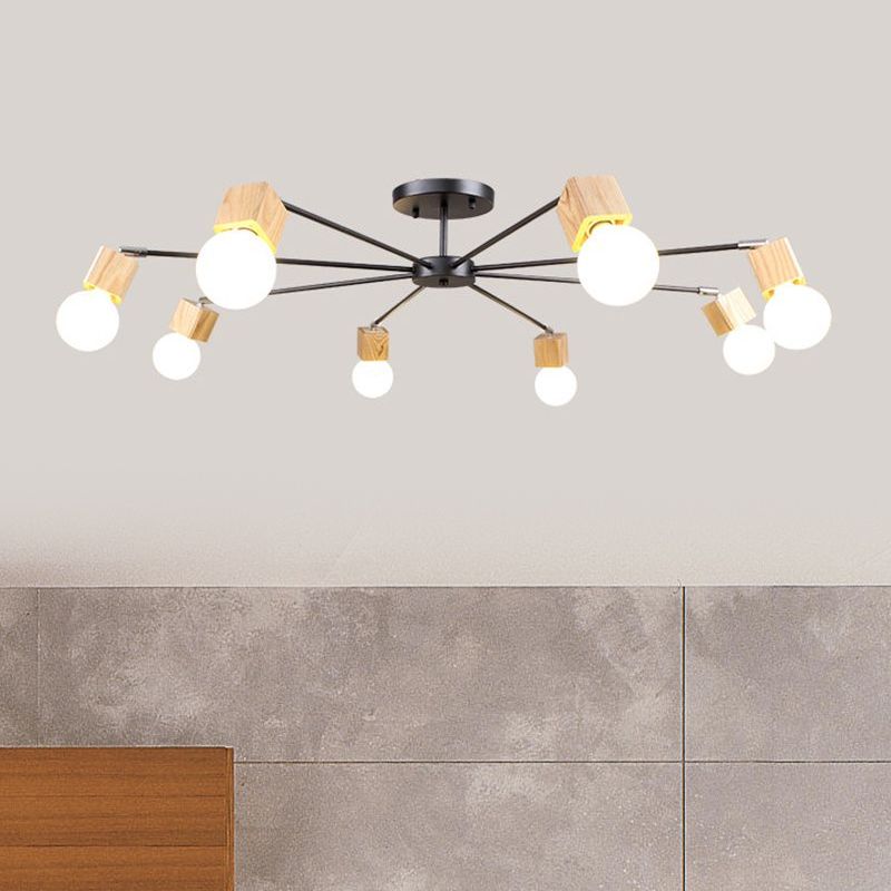 3/5-Light Ceiling Lamp Loft Industrial Open Bulb Metal Semi Flush Light in Wood for Bedroom