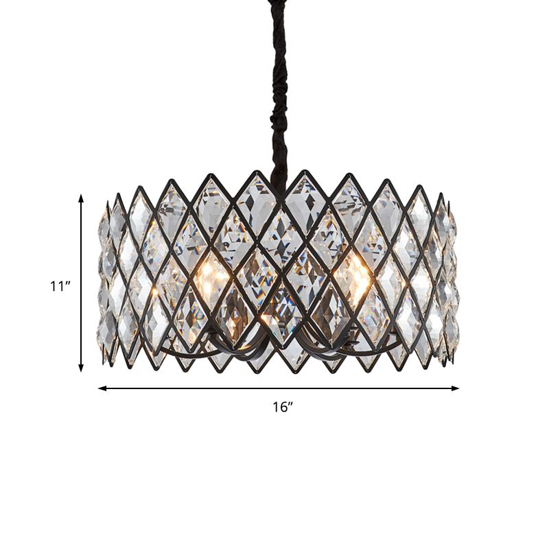 5 Light Living Room Ceiling Pendant Postmodern Black Chandelier Light with Drum Crystal and Metal Shade