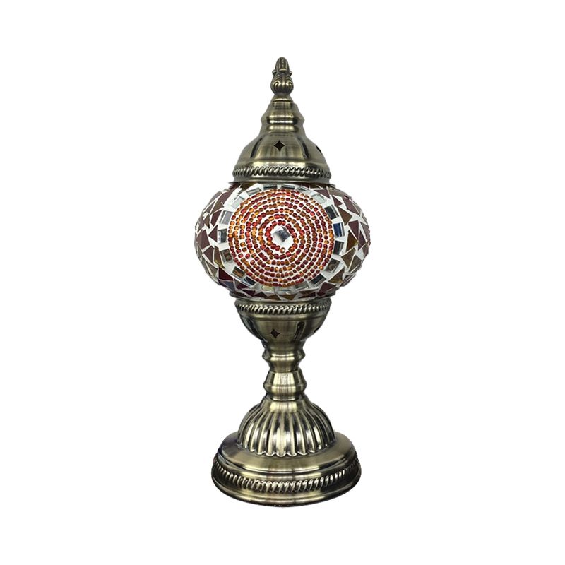 Single Night Stand Light Turkish Bedroom Table Lamp with Spherical Yellow/Red/Blue Glass Shade in Bronze