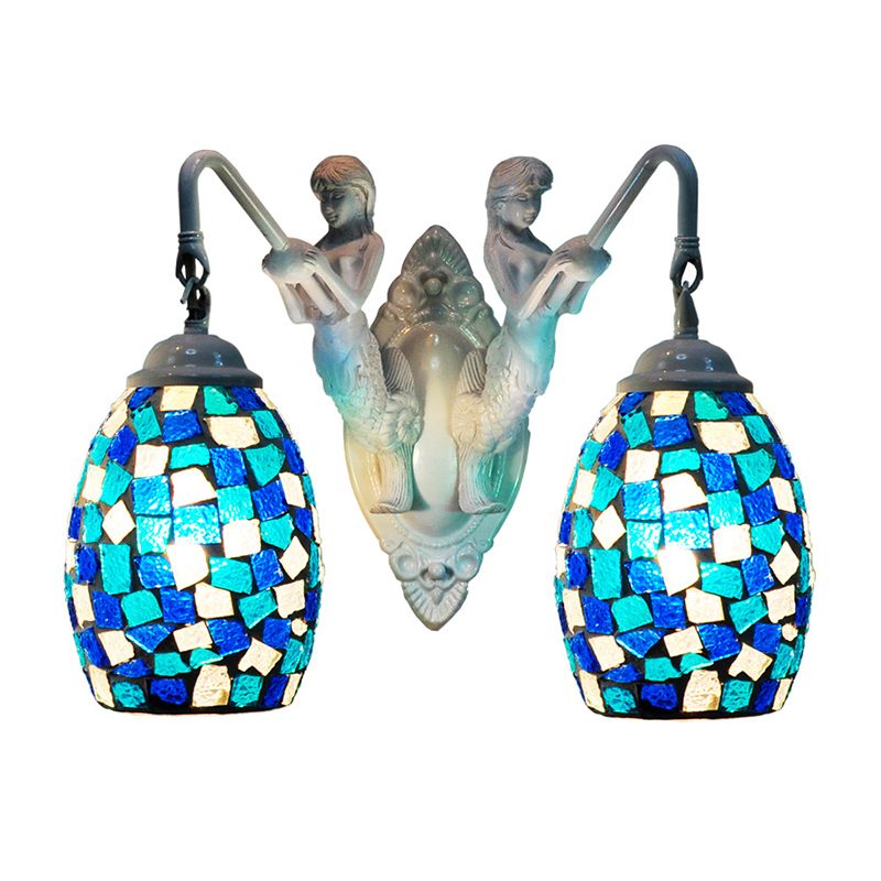 Tiffany Mermaid Wall Mount Lighting 2 Lights Stained Art Glass Sconce in Yellow/Purple/Gold with Globe Shade
