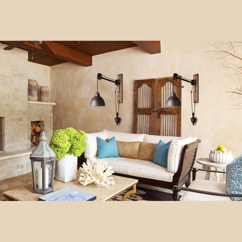 Industrial Style Bowl Shade Reading Wall Lamp 1-Light Metal Wall Sconce with Pulley in Black