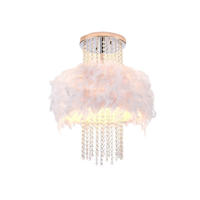 Feather Fluffy Drum Semi Flush Chandelier Modern Style 4 Bulbs Bedroom Ceiling Lamp with Crystal Chain in Chrome