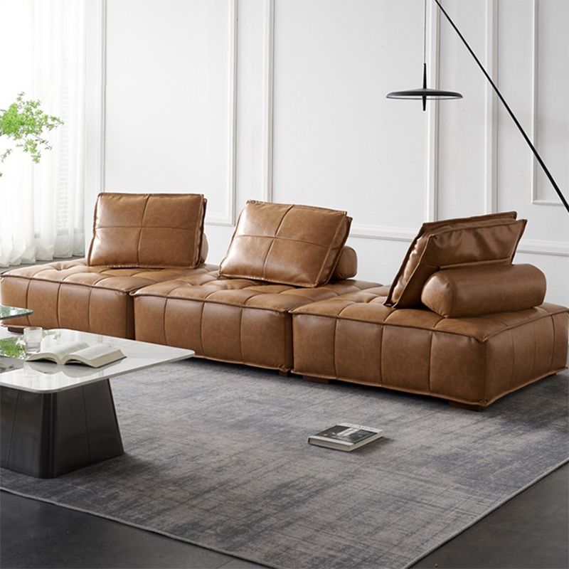 Tufted Leather Sectionals in Brown Mid-Century Modern Blocks Sofa with Pillows