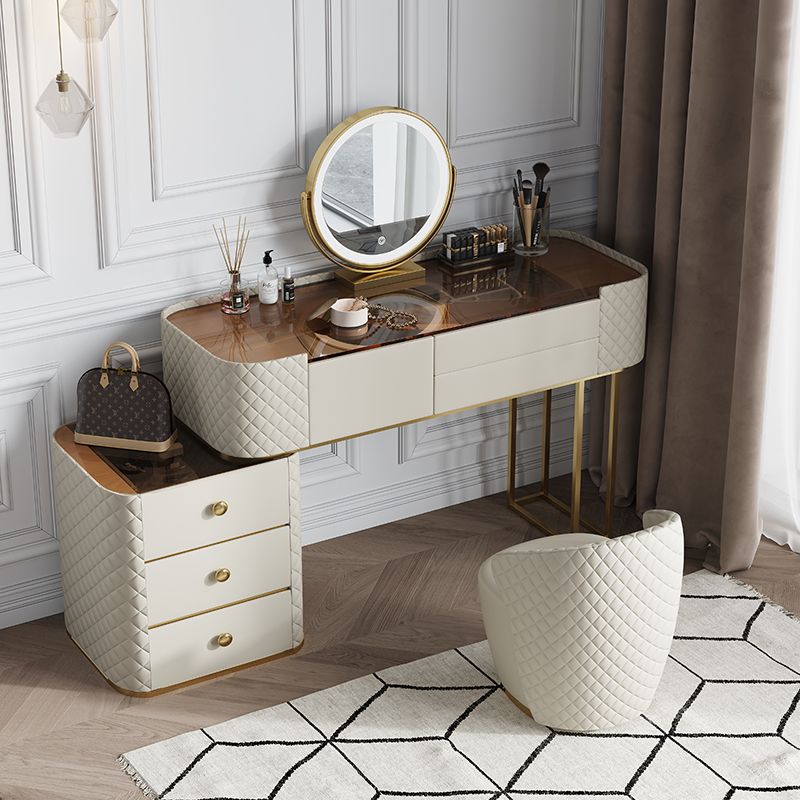 White Mirrored Make-up Vanity Glass Top Dressing Table Stool Set