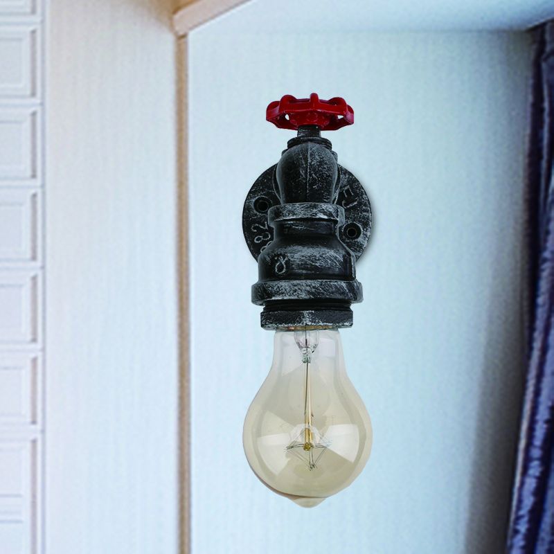 Black 1/2-Light Wall Lighting Industrial Metal Pipe and Valve Wall Mount Lamp Fixture for Balcony