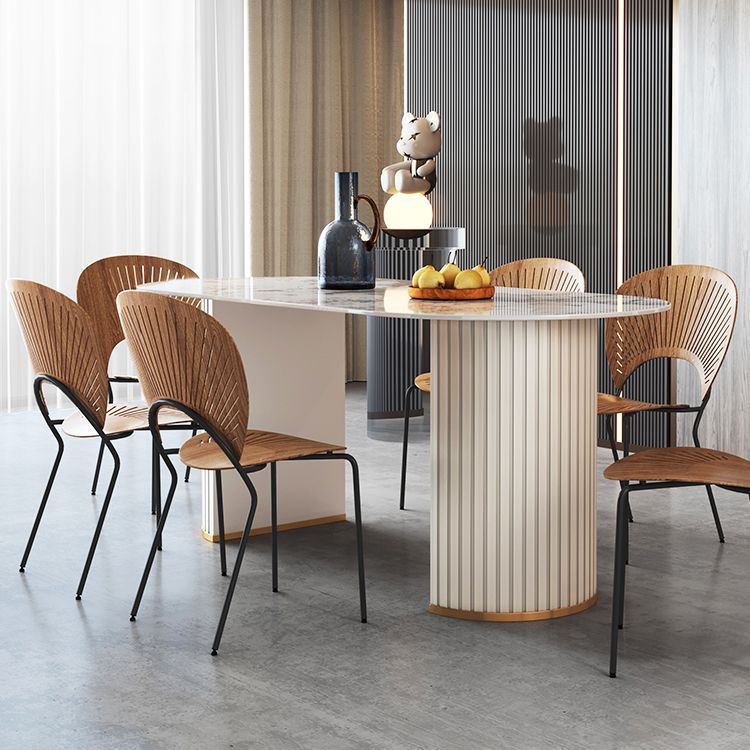Metal Modern Oval Dining Table Sintered Stone Top Table with Double Pedestal