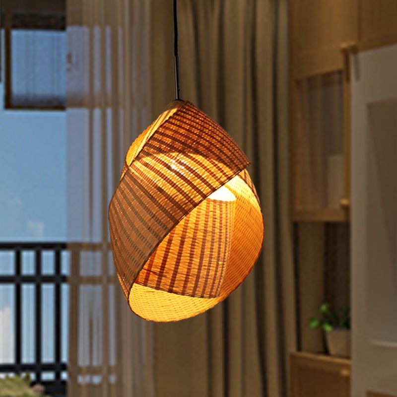 Bamboo Twist Pendant Lamp Chinese 1 Bulb Flaxen Ceiling Hanging Light for Bedroom