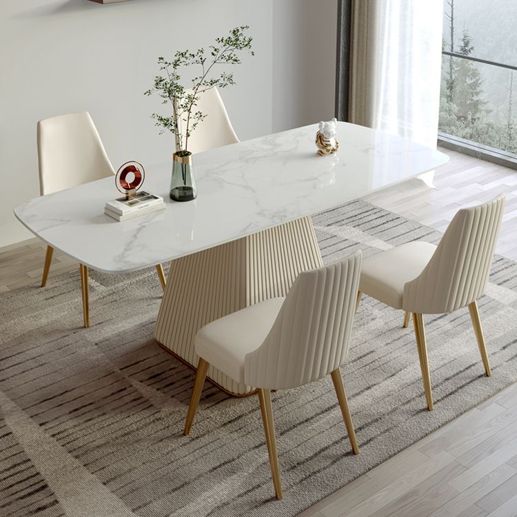 Modern Style Sintered Stone Dining Set with White Rectangle Shape Table and Pedestal Base