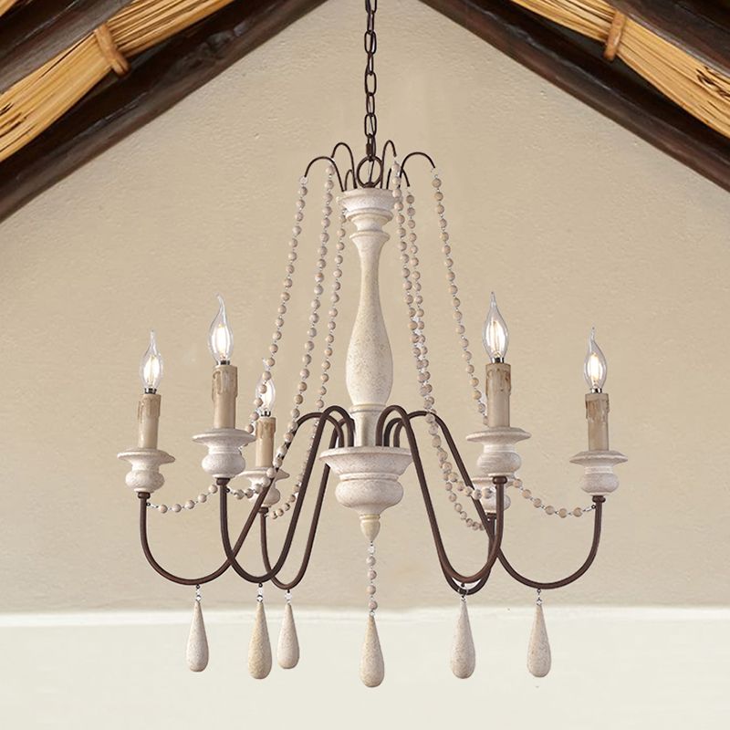 Retro Style Draping Bead Suspension Light 8 Heads Wood Chandelier Light with Candlestick