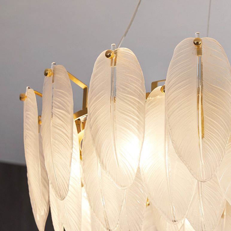Gestructureerde witte glas veer kroonluchter minimalisme veringverlichting voor slaapkamer