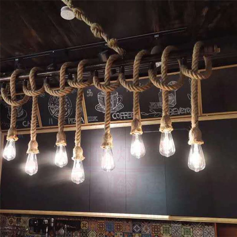 Linear Restaurant Island Pendant Light Retro Style Rope Beige Island Ceiling Light