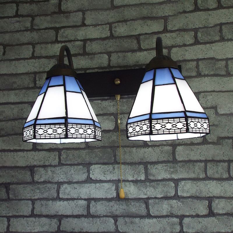 2 Heads Wall Mounted Light Tiffany Conical White Glass Sconce Light with Pull Chain