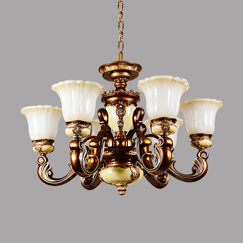 Curvy Arm Living Room Suspension Lighting Antiqued Metallic 6/8 Heads Brown Pendant Chandelier
