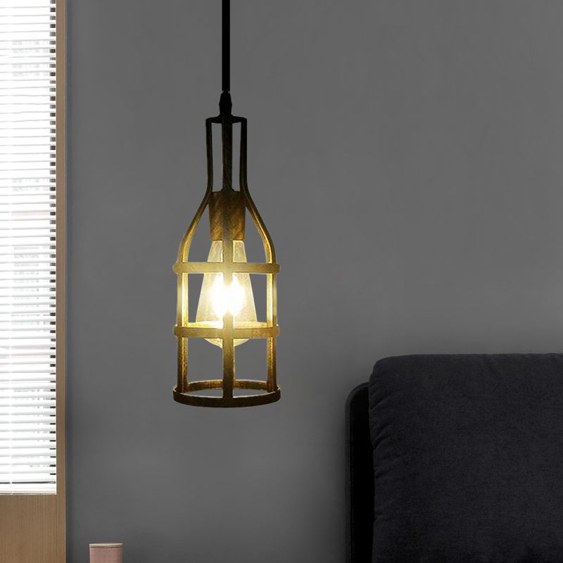 Drahtkäfig -Metallhänge hängendes Industrial 1 Lampenküche Hanges Anhänger Licht mit Weinflaschendesign in Schwarz/antikes Messing