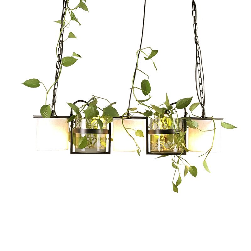 Stoffen drum eiland plafondlicht vintage 5 lichten eetkamer hangende lampkit in zwart met heldere glazen plantenbak