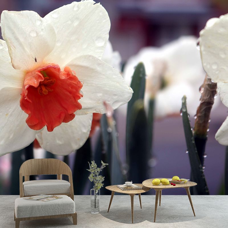 White Daffodil Mural Decal Waterproofing Wall Covering for Living Room, Custom Size