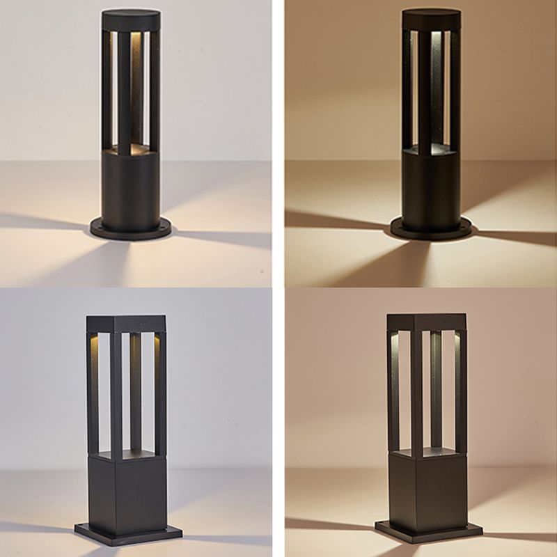 Contemporary Metal Pillar Lamp Geometric Shape Outdoor Waterproof Light in Black Finish