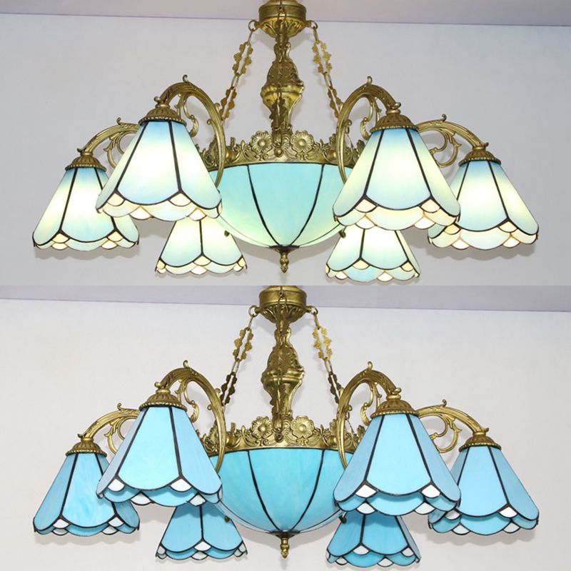Éclairage pendentif conique avec nuance en verre bleu éclairage de salon traditionnel vintage en bleu