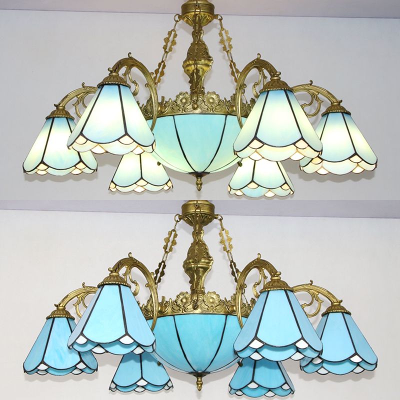 Conical Pendant Lighting with Blue Glass Shade Vintage Traditional Living Room Lighting in Blue