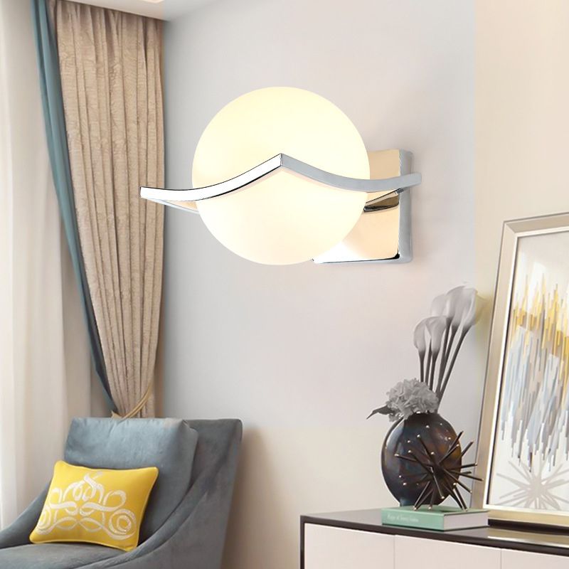 Globe Bedroom Wall Sconce Light Matte White Glass 1 Bulb Minimalist Wall Mount Lamp in Chrome Box