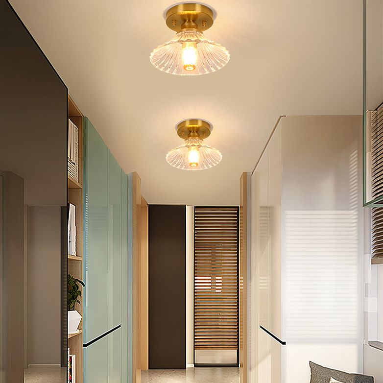 Small Foyer Ceiling Mounted Lamp Textured Glass 1-Bulb Minimalist Semi Flush Light in Brass