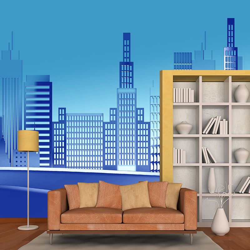 Modern City Building Illustration Wall Mural for Living Room, Custom Size Available