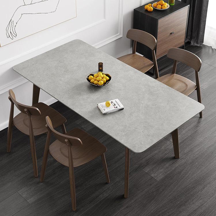 Mesa de comedor moderna de mediados de siglo, mesa de comedor rectangular de piedra sinterizada con base de madera