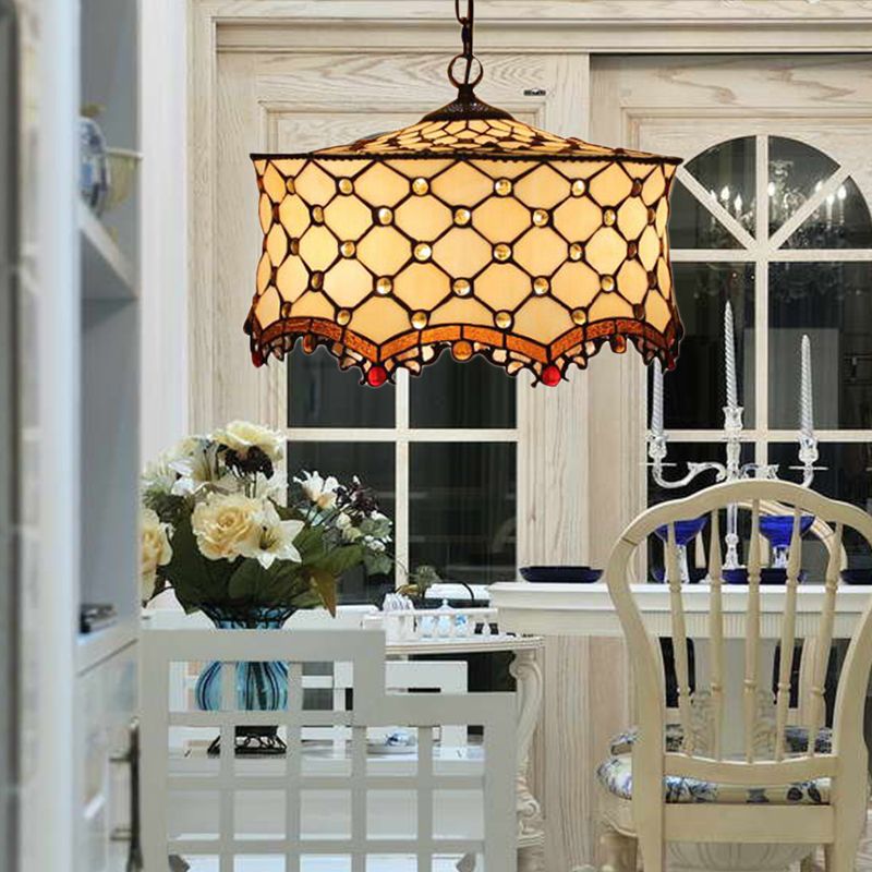 Beige Jeweled Deckenlampe Tiffany Stylish 3 Köpfe Edelstahlglas Anhänger Beleuchtung mit Drum Shade