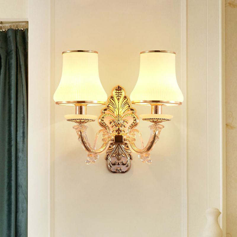 2 Heads Tapered Sconce Light Rural Gold Milky Glass Wall Mounted Lighting with Crystal Ball Droplet