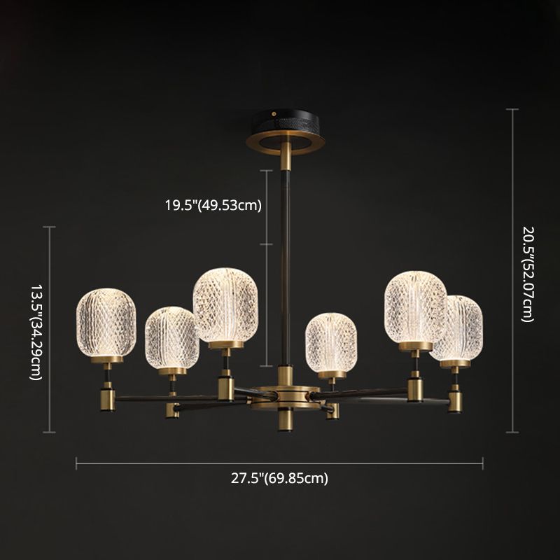 6 luces H65 Cobre Estilo moderno Candelera ovalada Prismática Vidry Shade Iluminación de iluminación para sala de estar