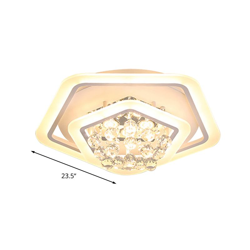 Pentagon Crystal Ball Flush Mount Light Modernism White 19.5"/23.5"/27.5" Wide LED Ceiling Fixture in Warm/White Light