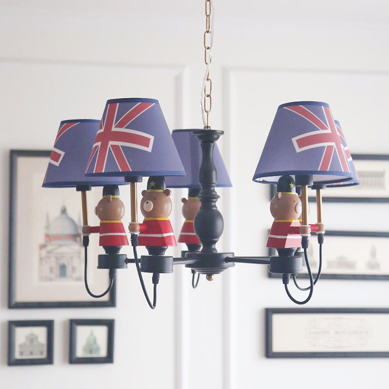 American Style Bear Chandelier Metal 5 Lights Blue Shade Hanging Pendant for Kid Bedroom