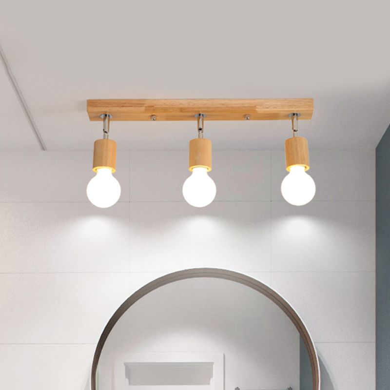 Lampada da soffitto da incasso lineare girevole in legno asiatico a 3 teste, lampada da incasso per bagno con design a lampadina nuda