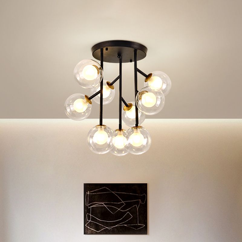 Ball Semi Mount Lighting Modern Clear Glass 9/12 Heads Living Room Close to Ceiling Lamp in Black/Gold