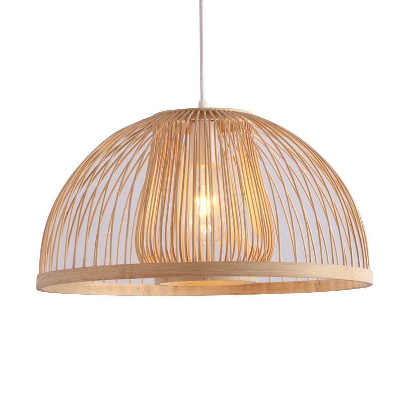 16“/19“ W Domed Shaped Ceiling Pendant Light Modern Bamboo 1 Light Beige Hanging Lamp Kit