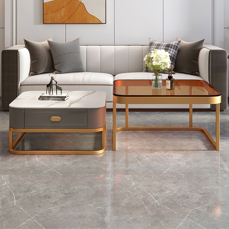 Modern Metal Frame Cocktail Table Square Glass / Slate Coffee Table with Drawer