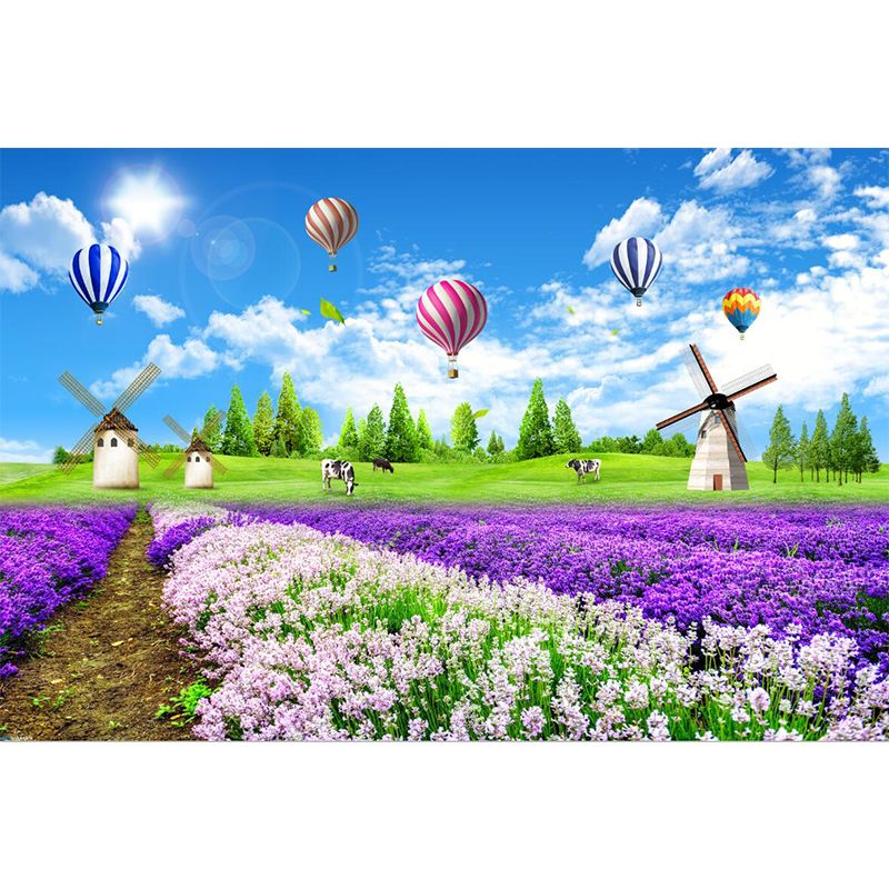 Whole Lavender Field Wall Murals Modern Enchanting Scenery Wall Art in Purple-Blue