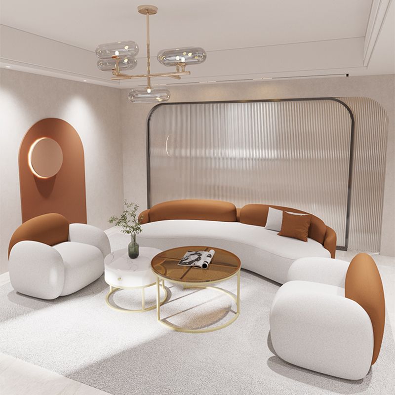 Curved Cushions Sofa Contemporary Faux Leather Seating in White and Orange