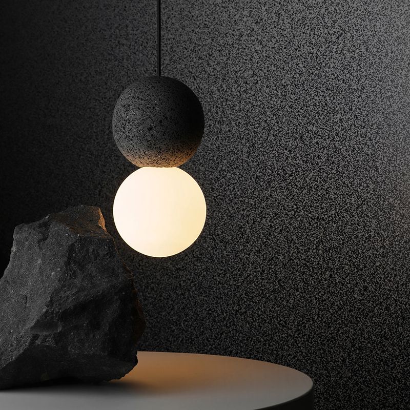 Cement Twin Ball Ceiling Hang Light Postmodernist 1 Light Black Pendant Lamp with Opal Glass Shade