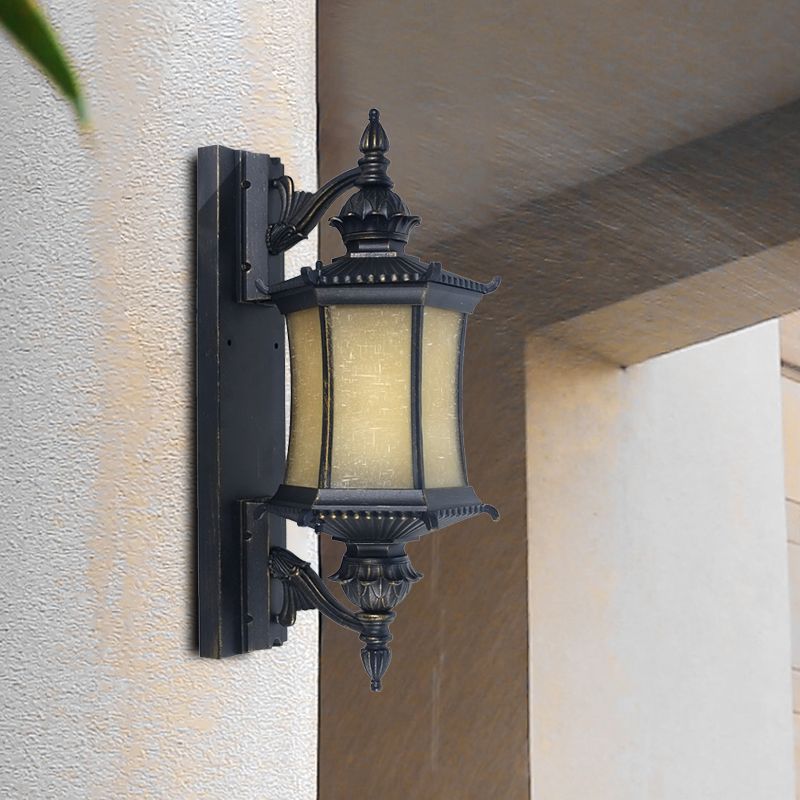Countryside Lantern Wall Light Sconce 1-Head Frosted Glass Wall Mounted Lamp in Black for Yard