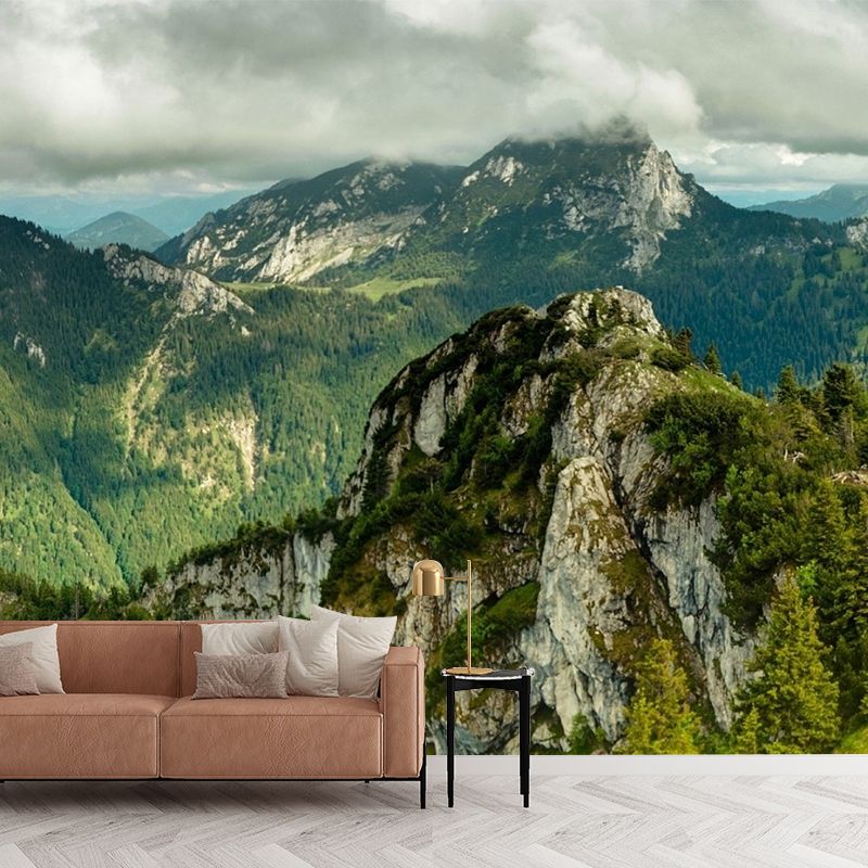 Aerial View of Mountain Mural Wallpaper Green Modern Style Wall Covering for Living Room