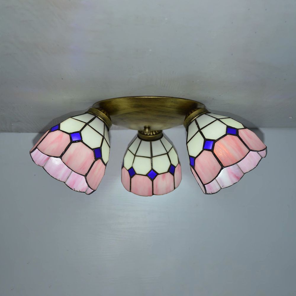 Tiffany Dome Ceiling Fixture Stained Glass 3 Lights Flush Mount Ceiling Light in Pink/Yellow/Orange/Sky Blue/Dark Blue for Dining Room