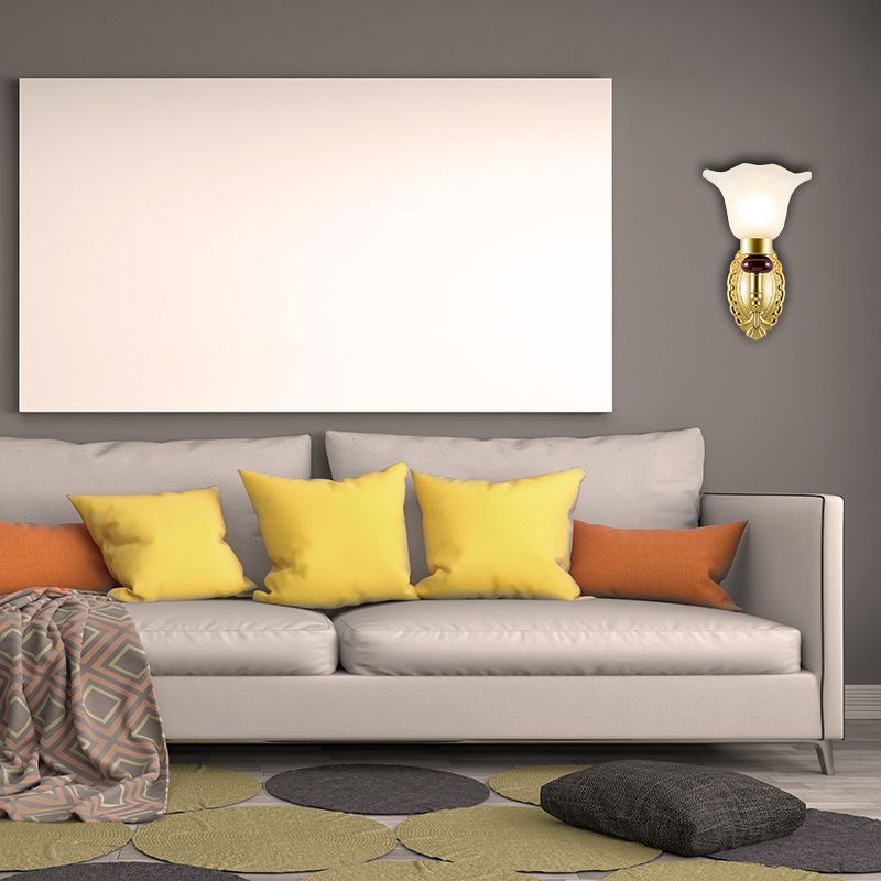 1/2-Head Wall Light Fixture with Petal Shade Opal Glass Vintage Style Bedroom Wall Sconce in Gold